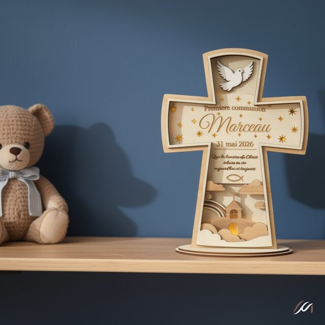 Croix de Première Communion Personnalisée en Bois – Éclairage LED