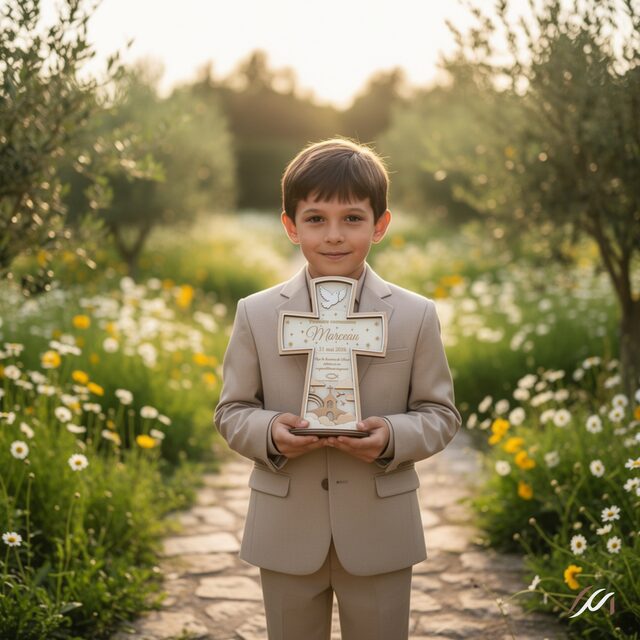 Croix de Première Communion Personnalisée en Bois – Éclairage LED