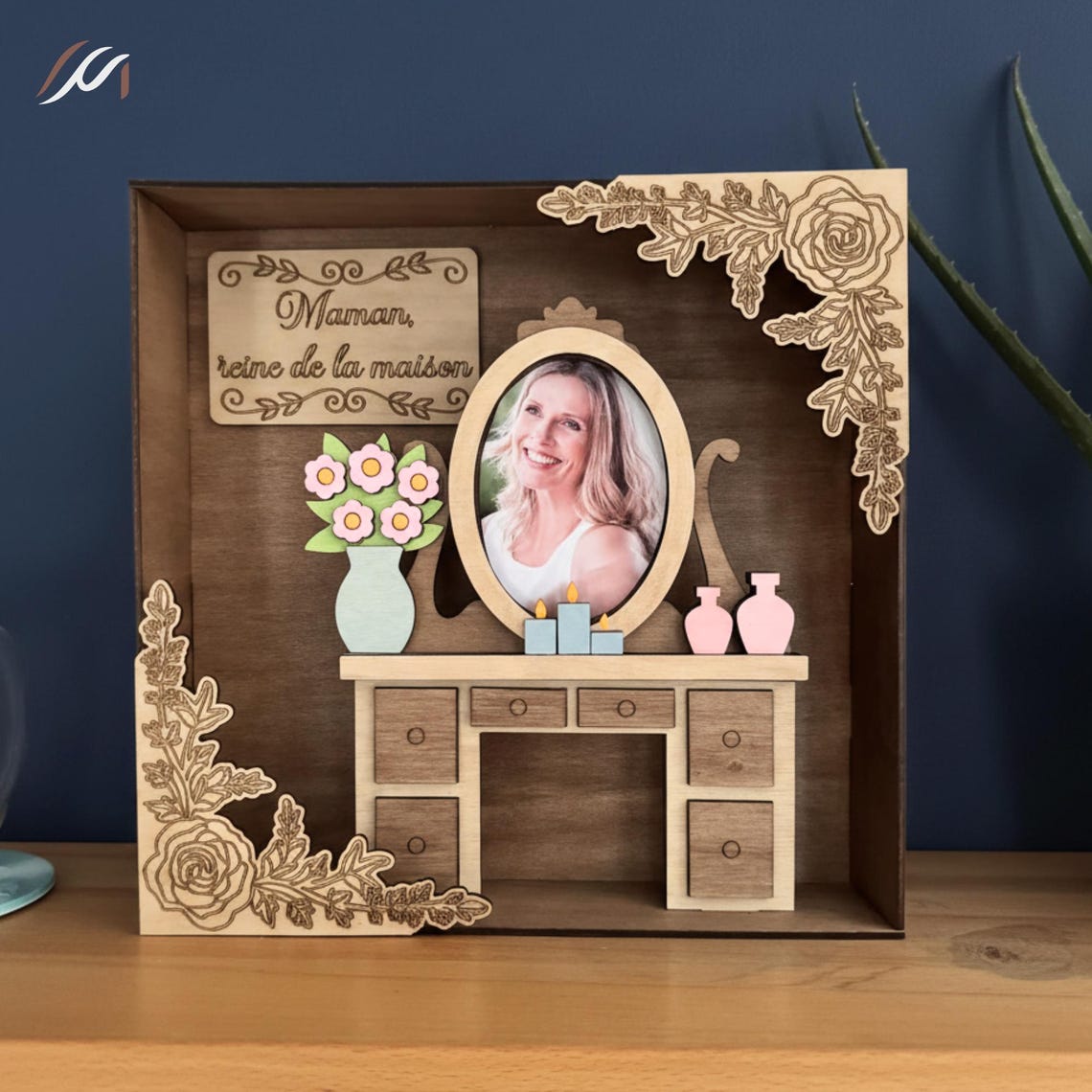Cadre photo maman personnalisé en bois – scène miniature tendre et décorative