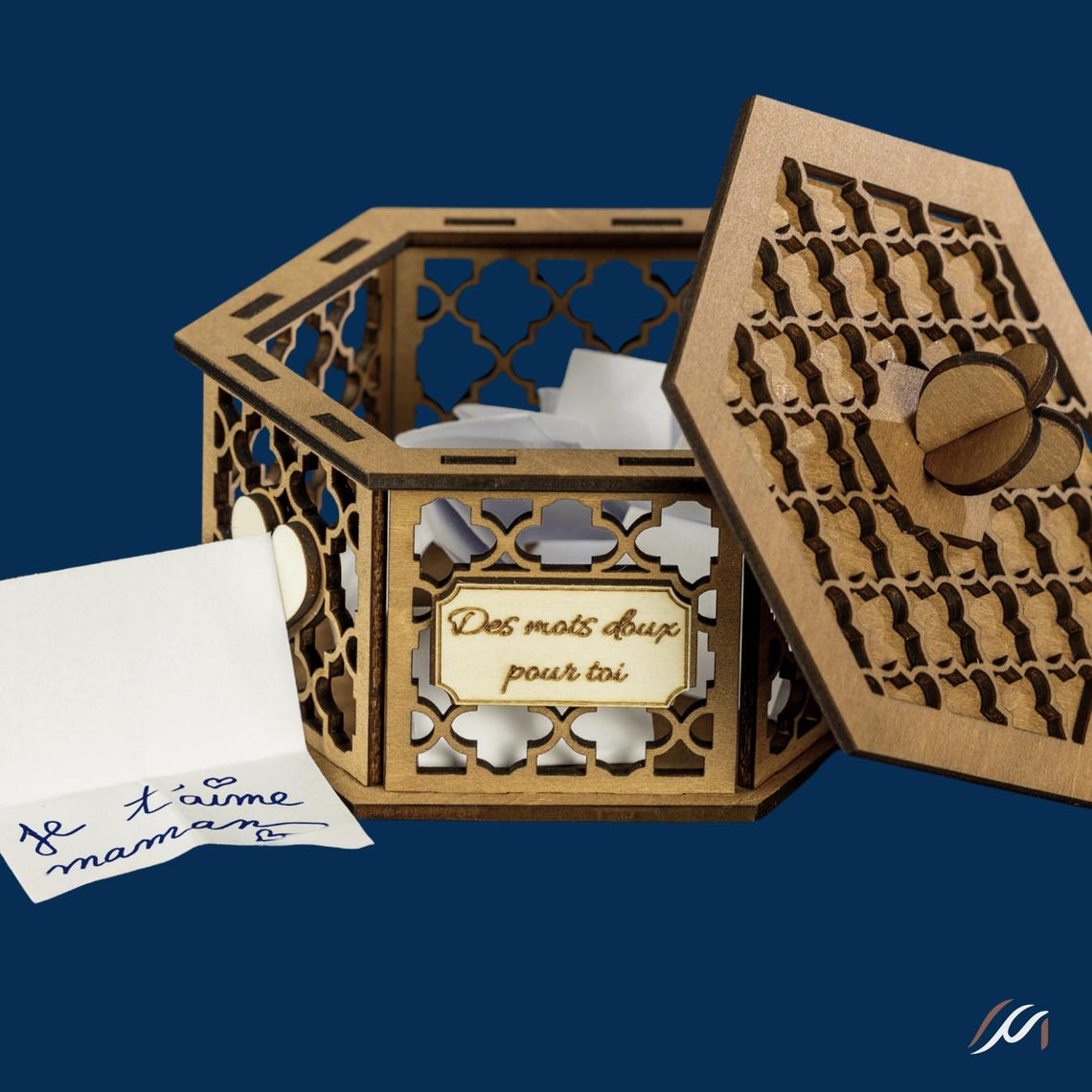 Boîte mots doux personnalisée bois hexagonale