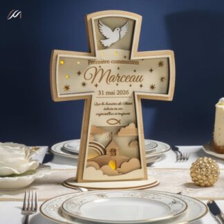 Croix de Première Communion Personnalisée en Bois – Éclairage LED