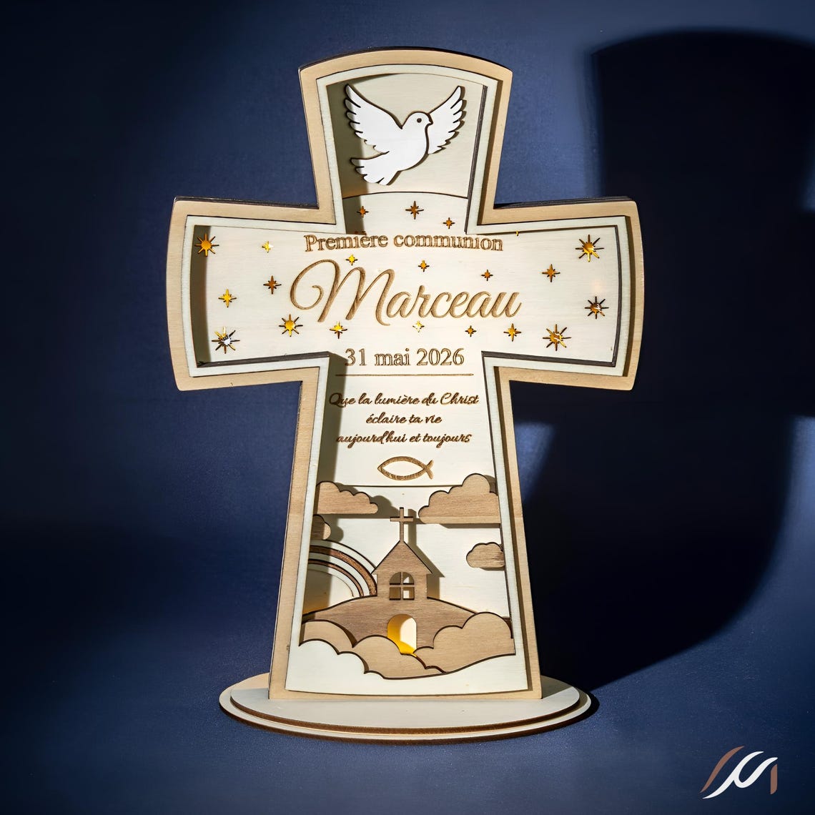 Croix de Première Communion Personnalisée en Bois – Éclairage LED