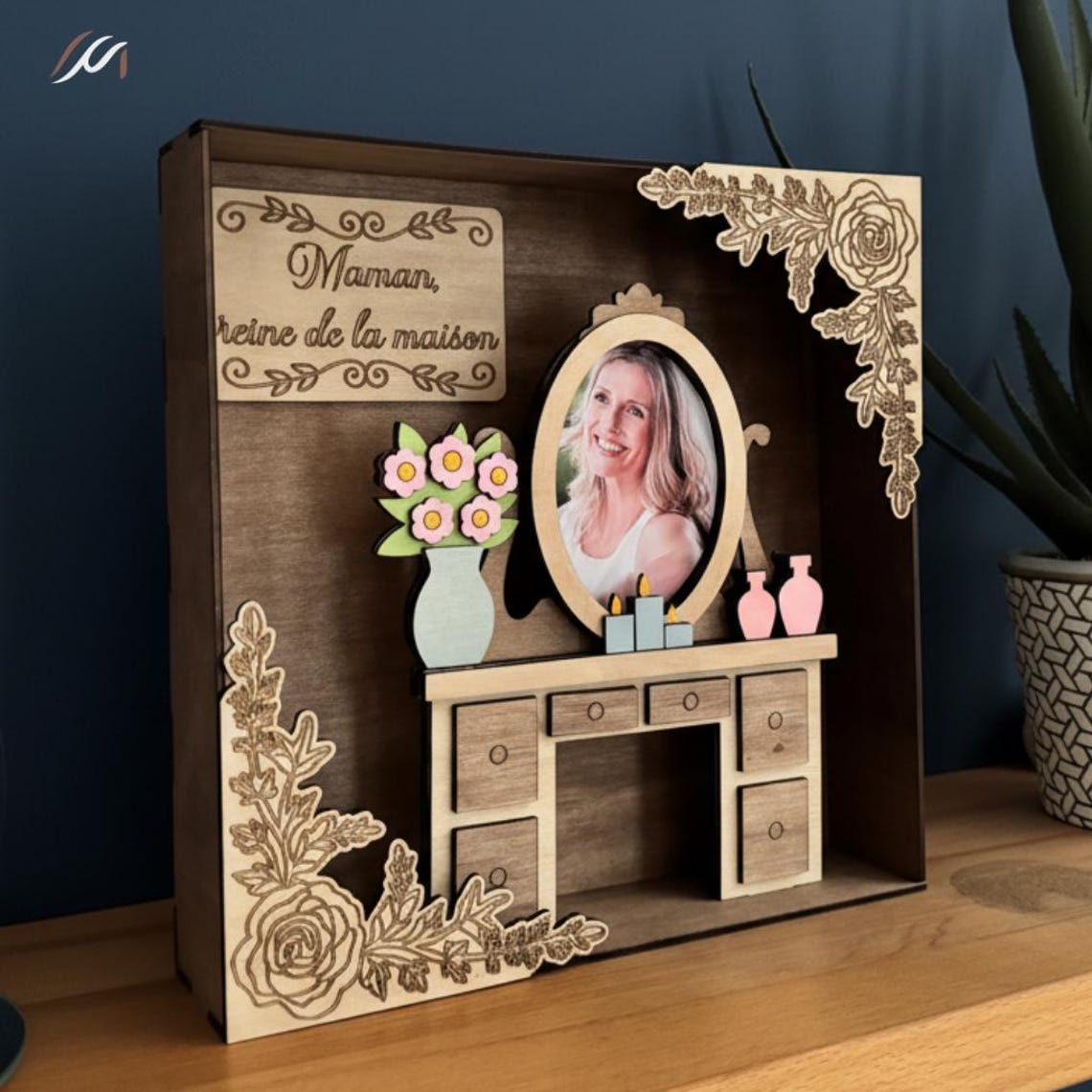 Cadre photo maman personnalisé en bois – scène miniature tendre et décorative