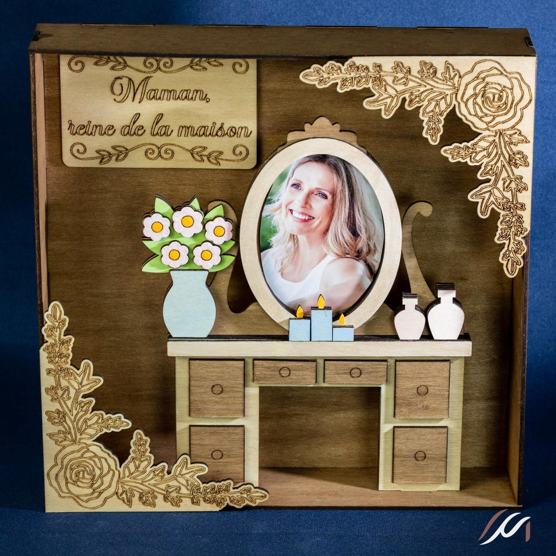 Cadre photo maman personnalisé en bois – scène miniature tendre et décorative