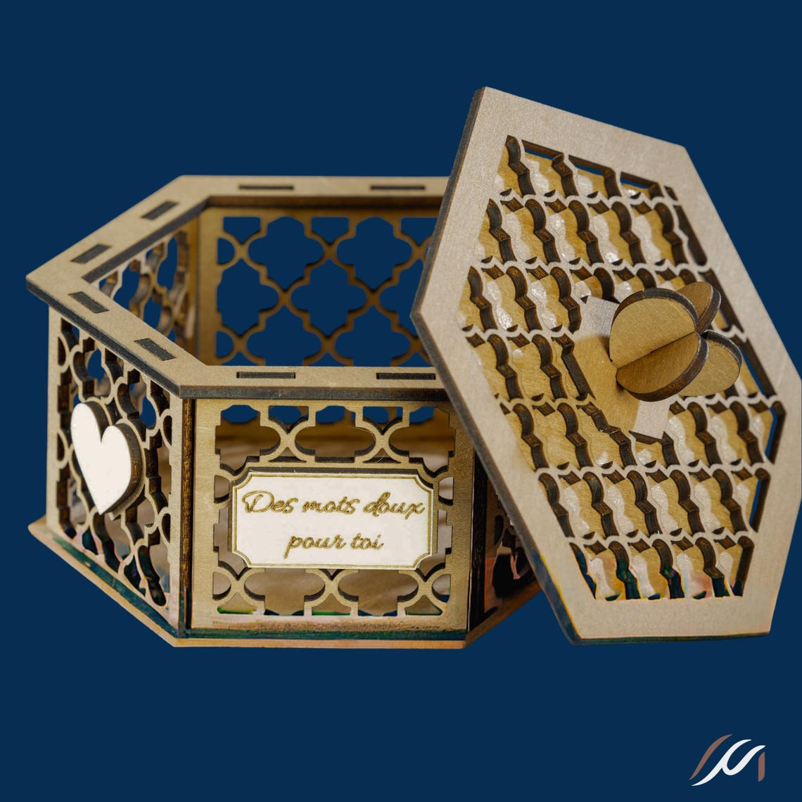Boîte mots doux personnalisée bois hexagonale