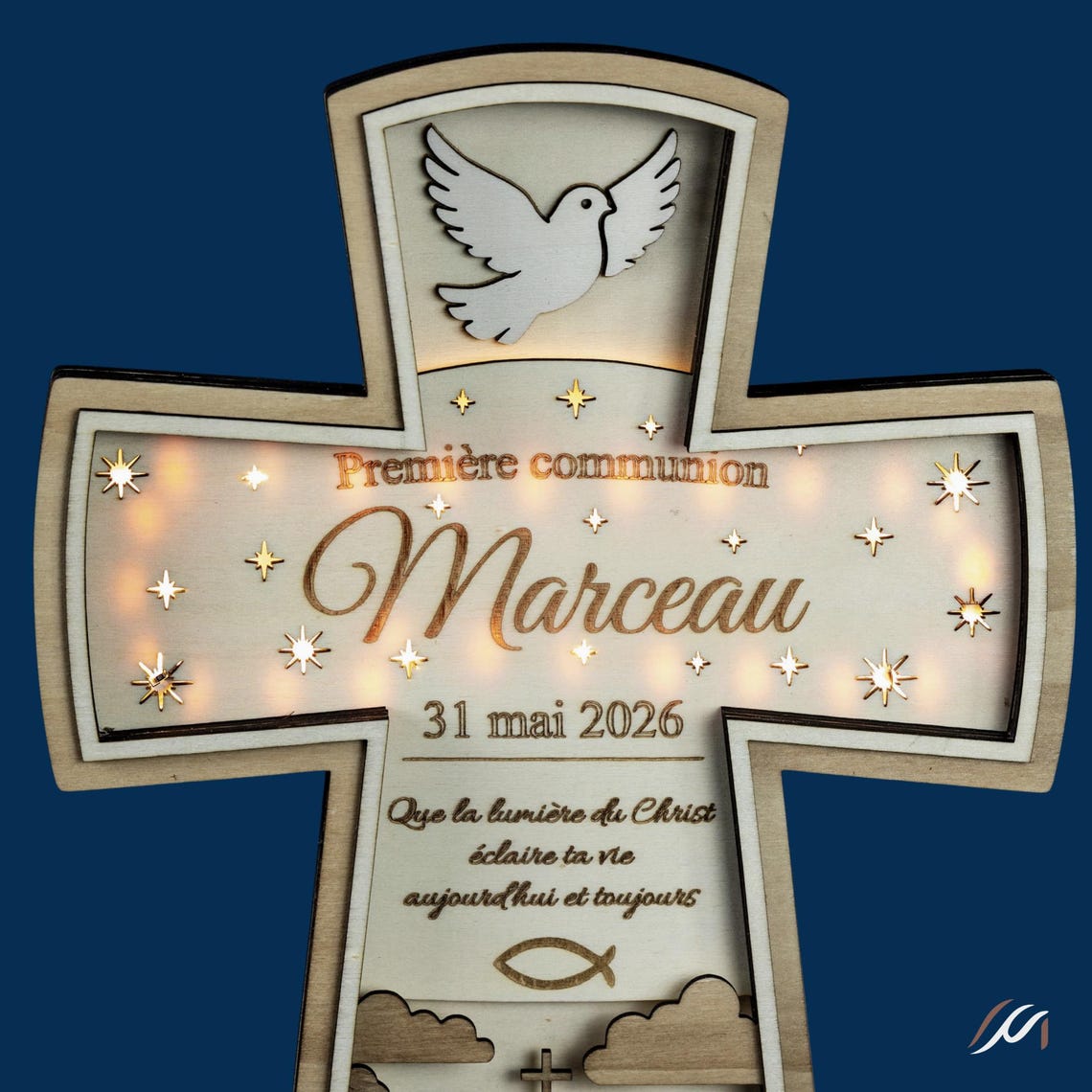 Croix de Première Communion Personnalisée en Bois – Éclairage LED