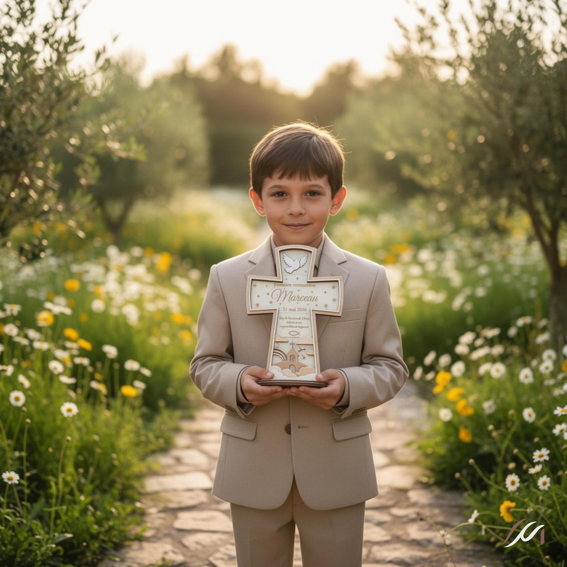 Croix de Première Communion Personnalisée en Bois – Éclairage LED