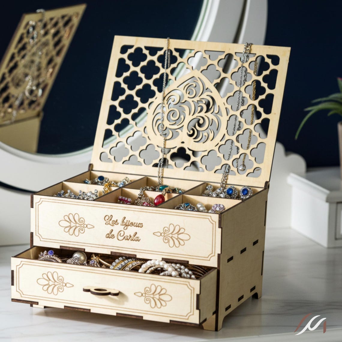 Boîte à bijoux personnalisée en bois – Coffret bijoux avec tiroir