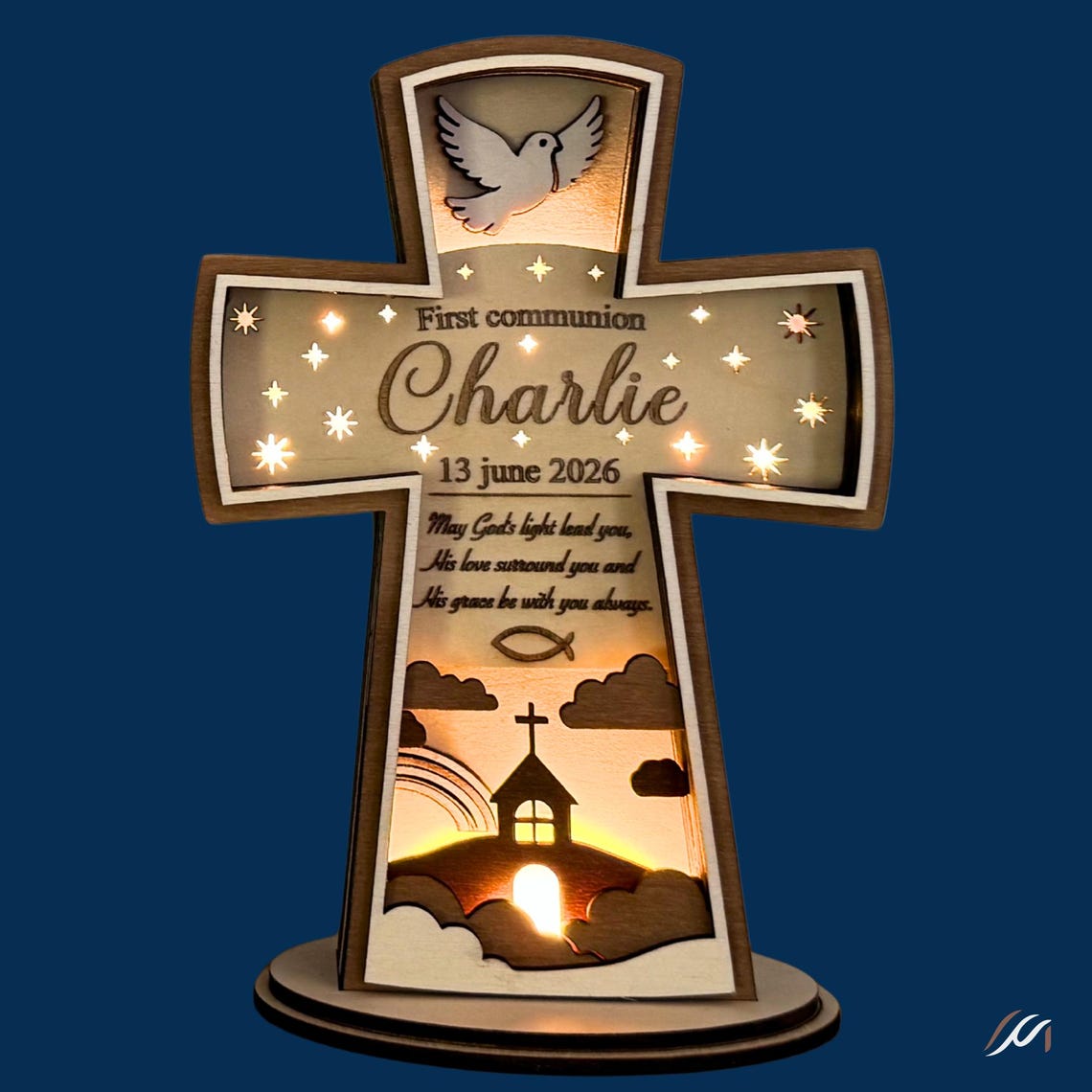 Croix de Première Communion Personnalisée en Bois – Éclairage LED