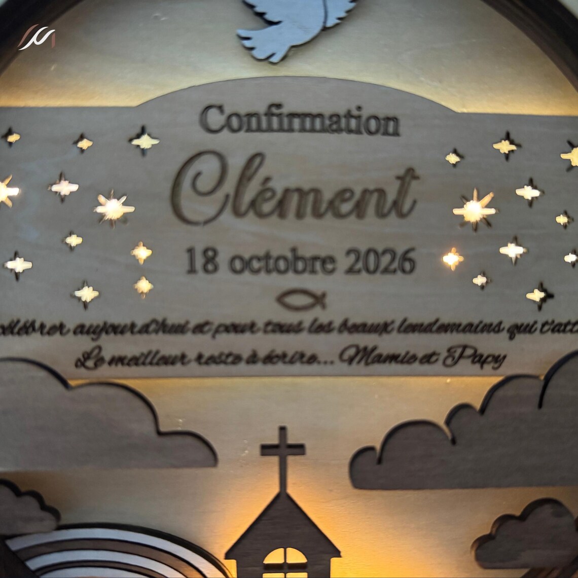 Veilleuse communion, baptême ou confirmation personnalisée en bois LED