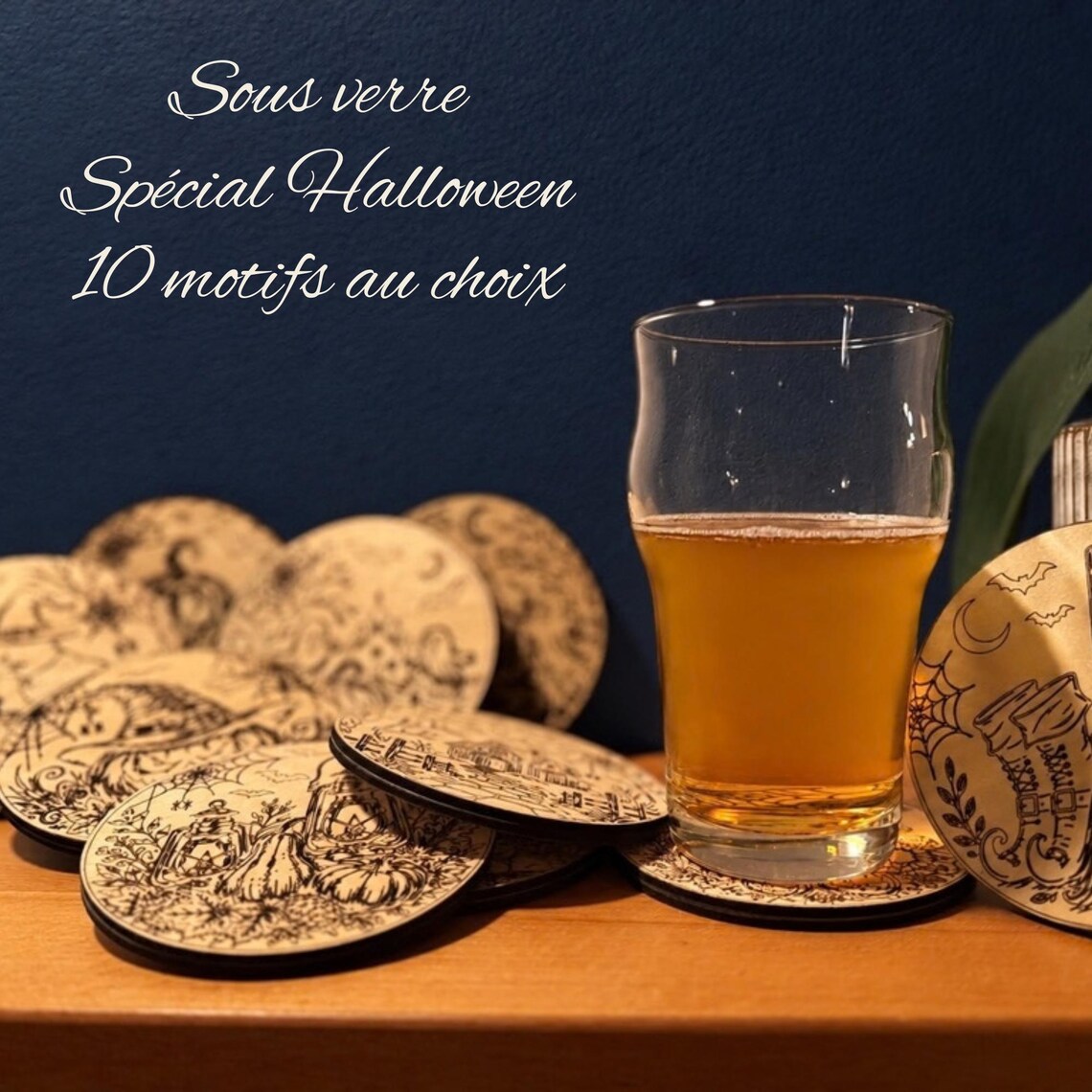 Dessous de verre Halloween en bois gravé – 10 motifs au choix
